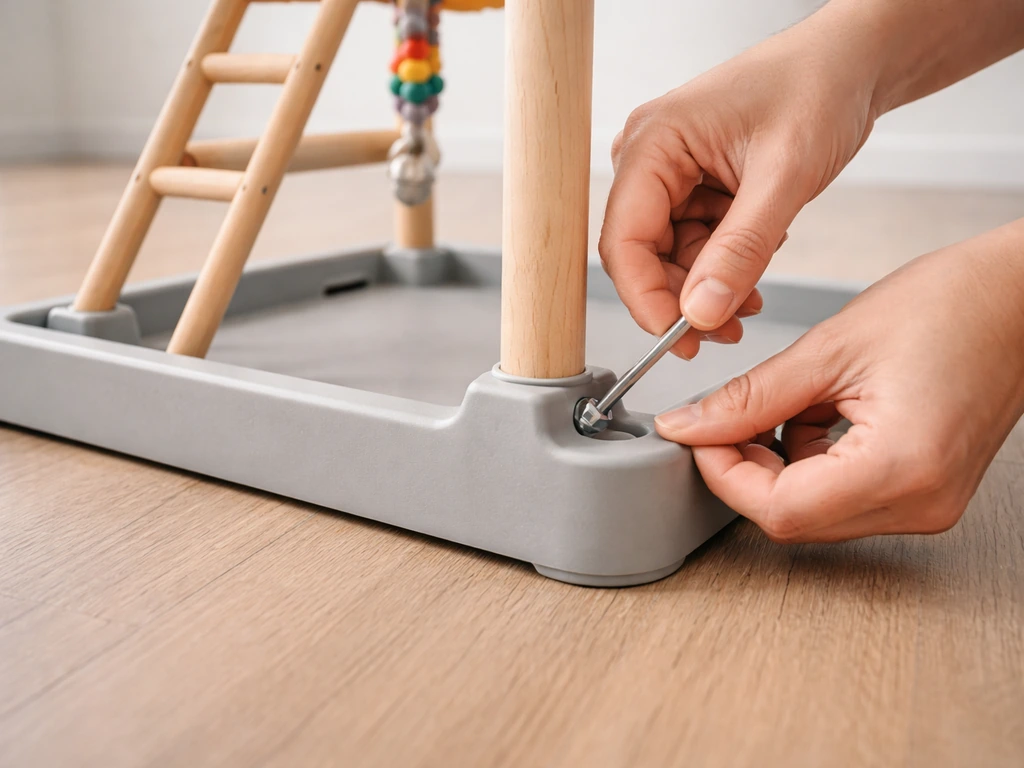 Hands tighten a base-to-leg connection on a stable bird gym with a wide, heavy anti-tip base.