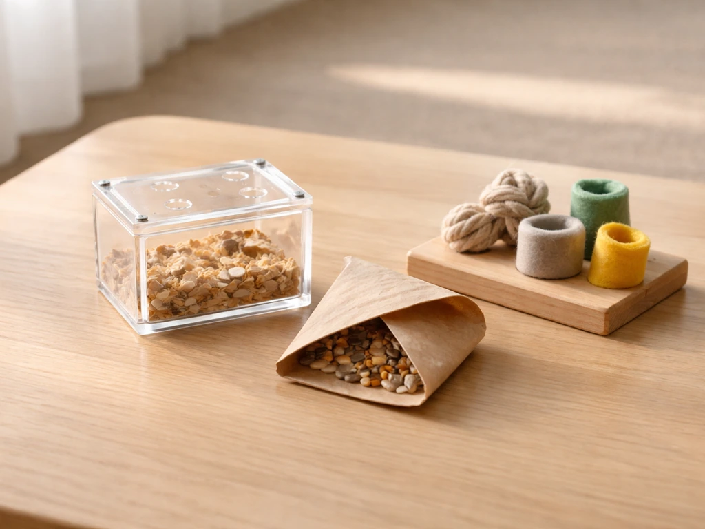 Stacked enrichment toys on a wooden tabletop, arranged for easy weekly rotation.