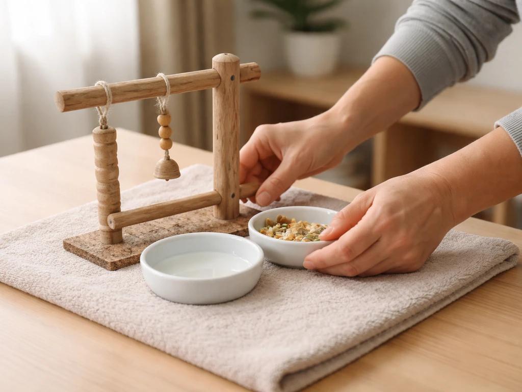 Caregiver at a home tabletop “gym,” doing a quick safety check and refreshing treats and water.