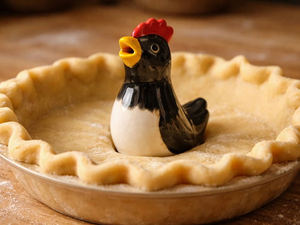 Close-up of a ceramic pie bird perched in a pie crust opening, showing how it vents steam while baking.