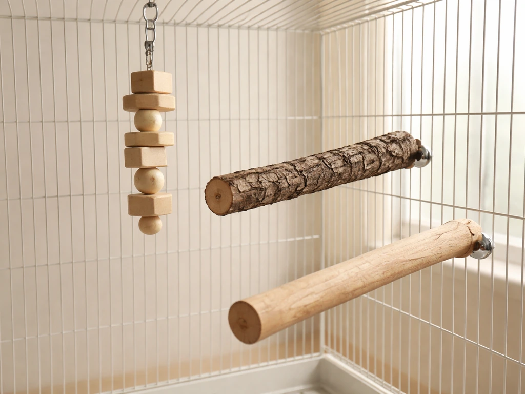 Minimal bird cage scene with natural wood perches of different textures and a safe chew toy