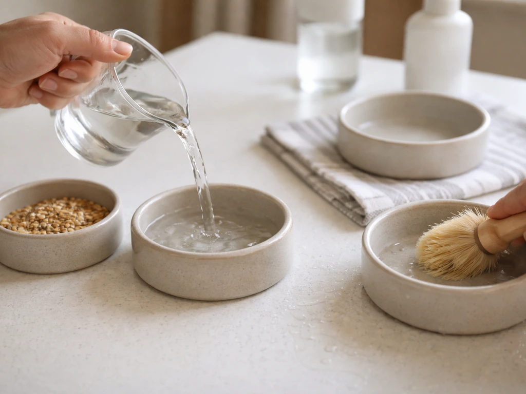 Fresh water bowl being refilled beside a pet bird’s food and water setup on a clean tabletop
