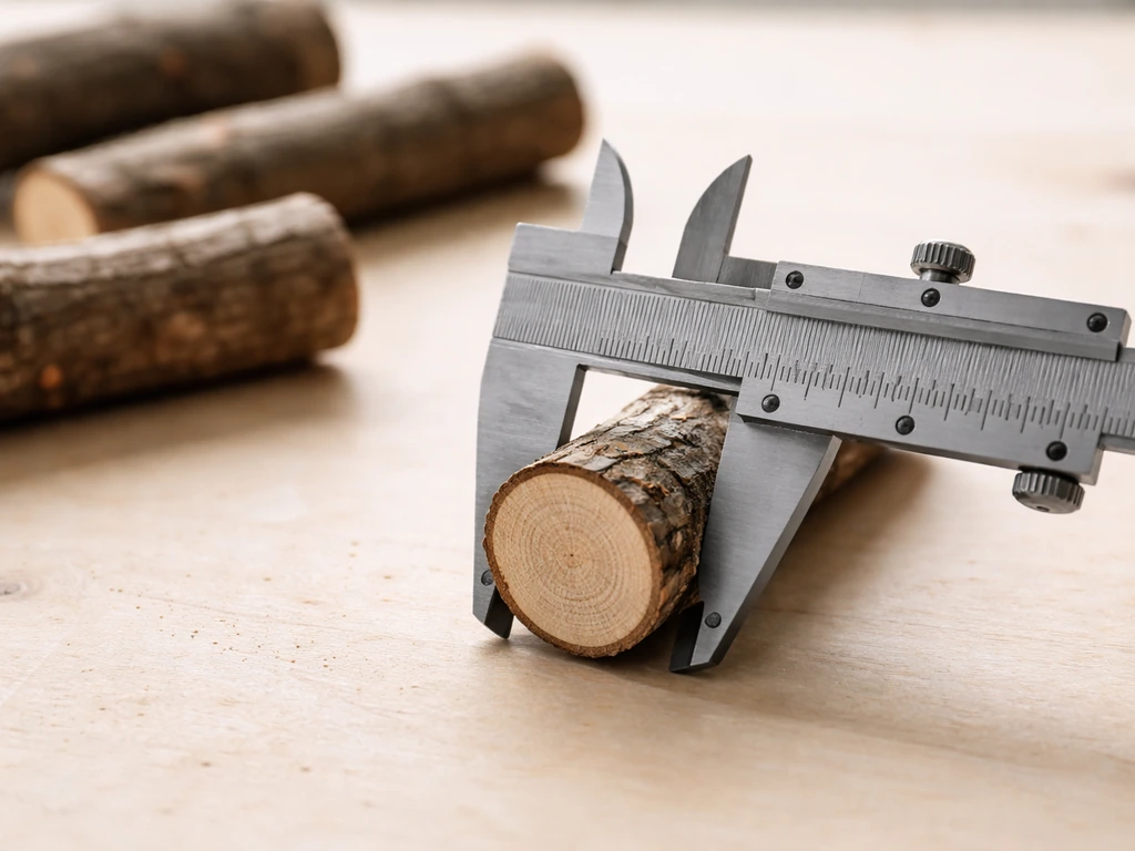 Caliper measuring the diameter of a wooden bird perch on a light workbench, with other perch pieces blurred.