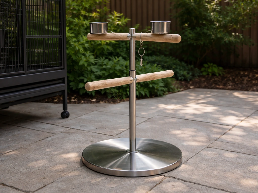 Outdoor play stand with polished stainless steel hardware beside a cage, showing safe stable placement.