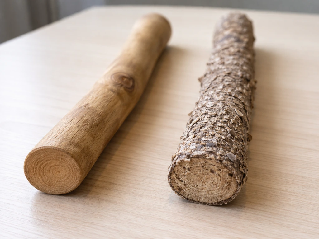 Close-up of a smooth natural bird perch beside a rough abrasive perch texture on a simple surface.
