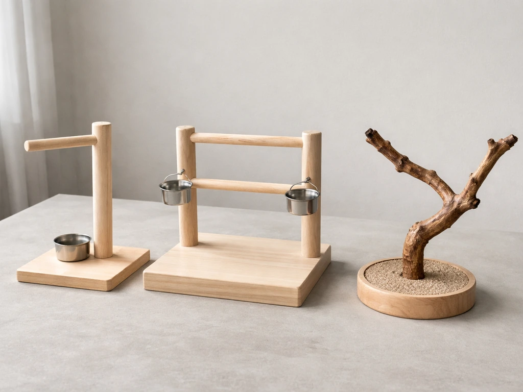 Three beginner bird perches—natural wood, multi-perch stand, and curved branch—arranged side-by-side on a table.