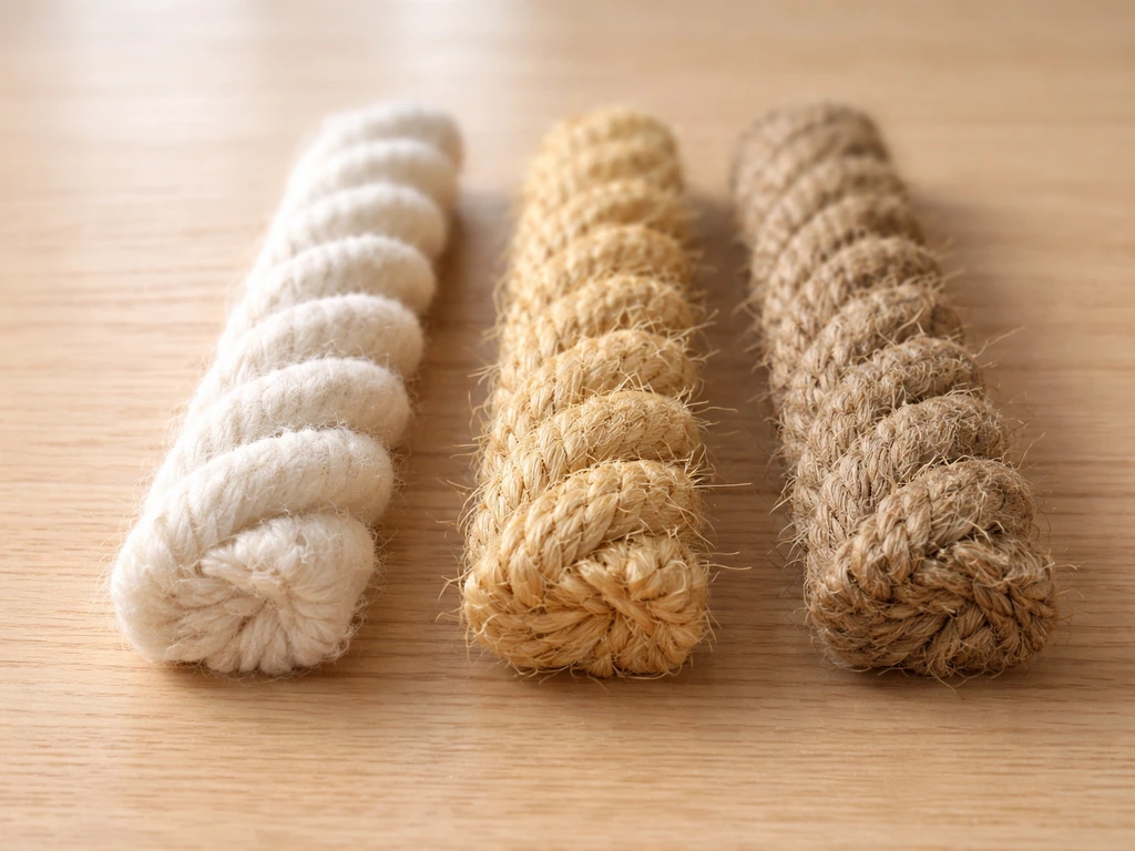 Close-up of natural rope fibers—cotton, sisal, and hemp—on a wooden surface with no text