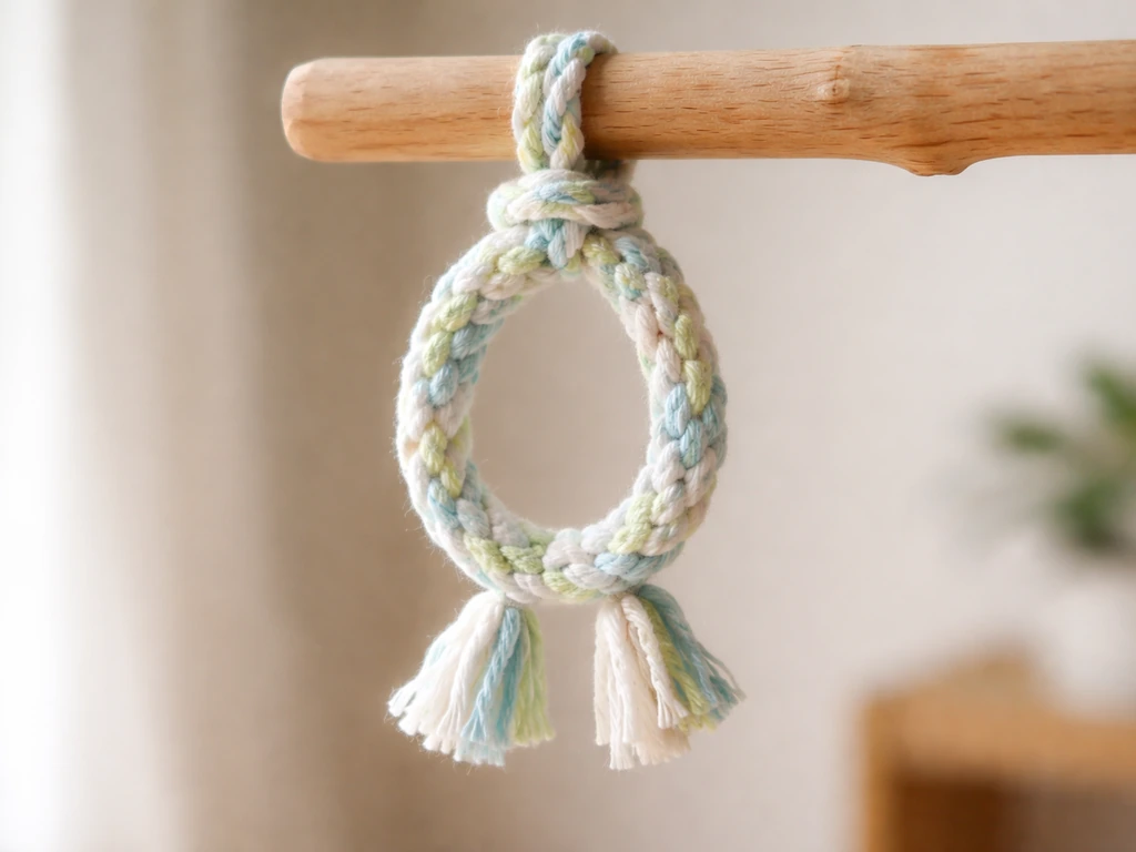 Close-up of a tightly braided cotton rope loop toy hanging from a perch for small pet birds