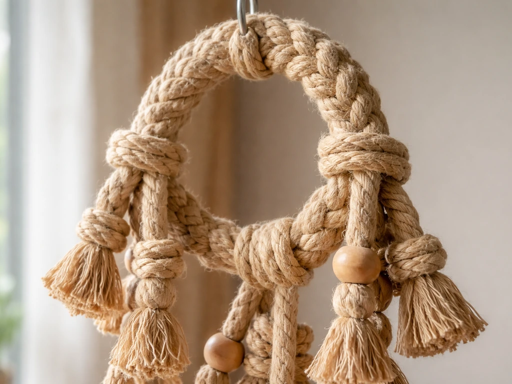 Close-up of thick sisal rope and hanging hemp-climber toy fibers, showing unraveled-resistant texture.