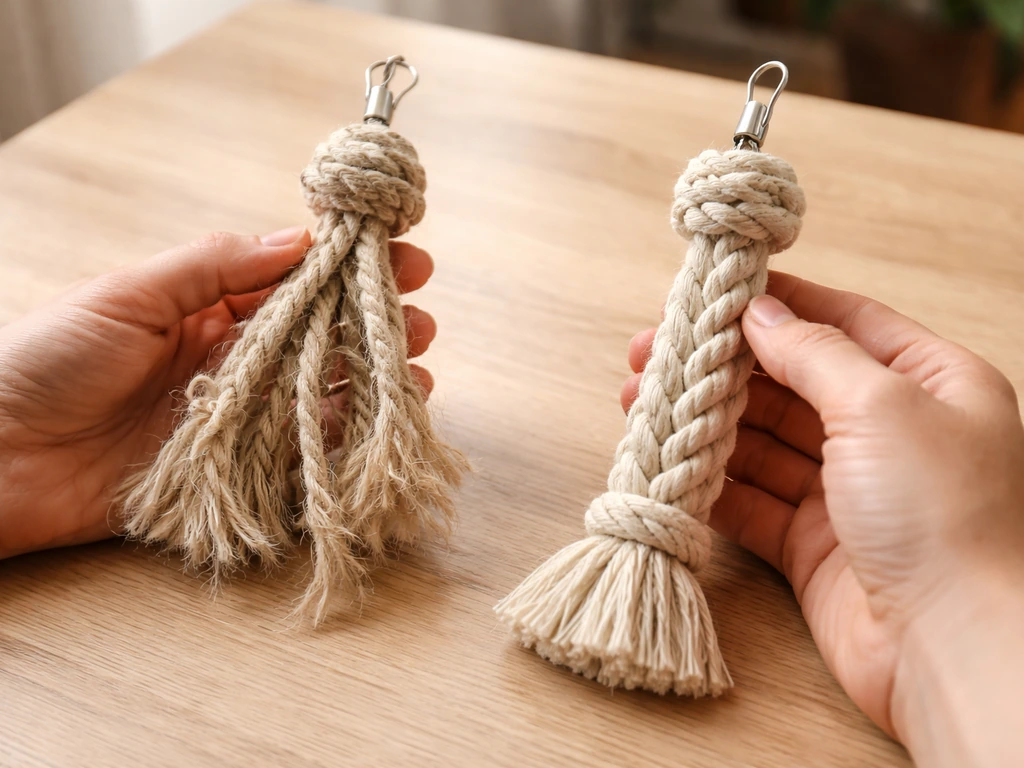 Hands inspect a frayed rope bird toy next to a clean intact replacement ready to hang.