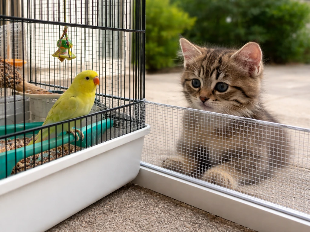 A kitten behind a bird-safe cage with a clear barrier preventing any contact with a small bird