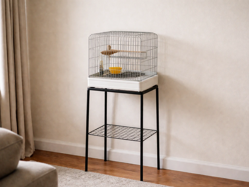 Small pet bird cage placed against an interior wall on an elevated stand, away from windows.