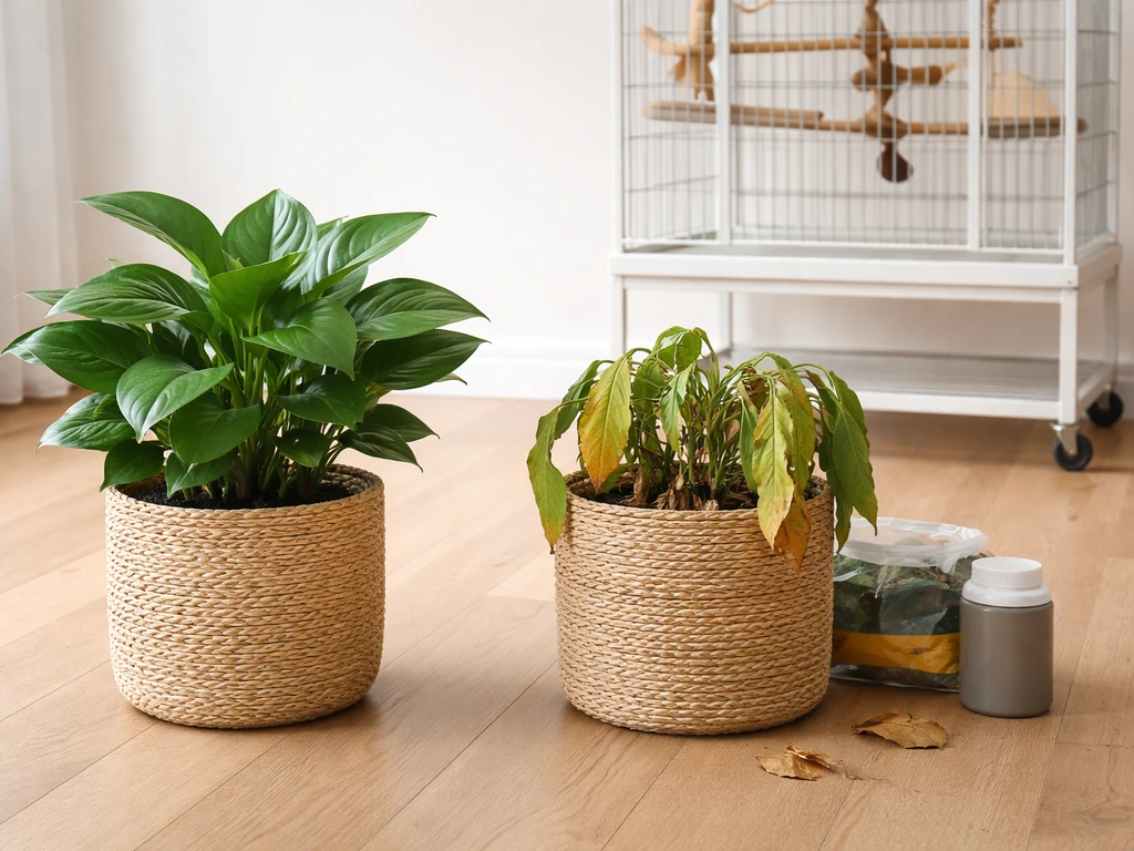 Two simple planters near an empty bird area, with cues to avoid toxic plants and keep chemicals sealed.