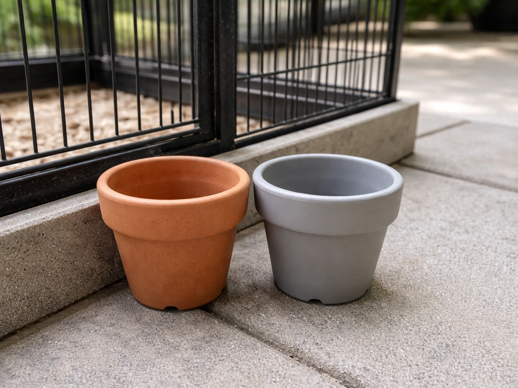 Close-up of an unglazed ceramic and plastic planter placed safely outside a bird cage with a barrier.