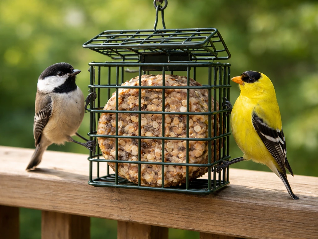 Close-up of a suet basket showing hinged wire cage with birds perched on the mesh