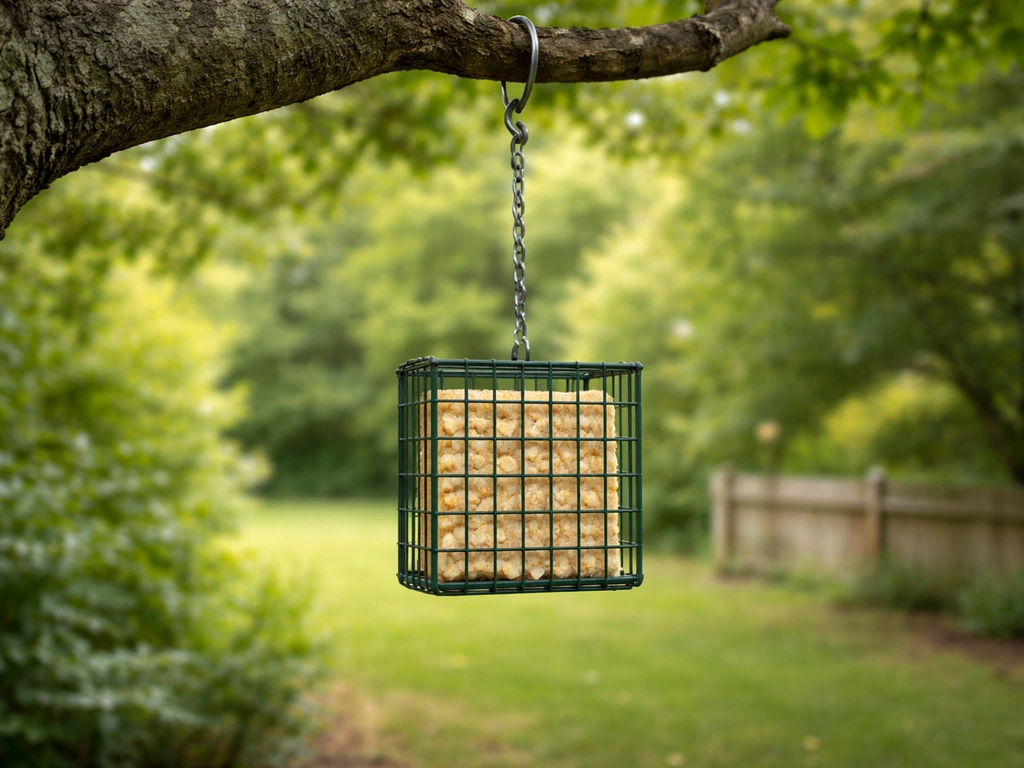 Suet bird feeder basket hanging from a branch at reachable height with clear surrounding access.