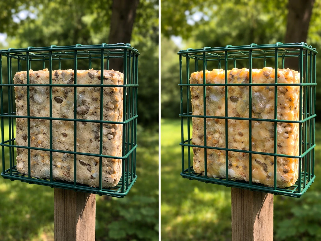 Suet bird feeder in partial shade versus direct sun, with sunlit suet slightly melting.