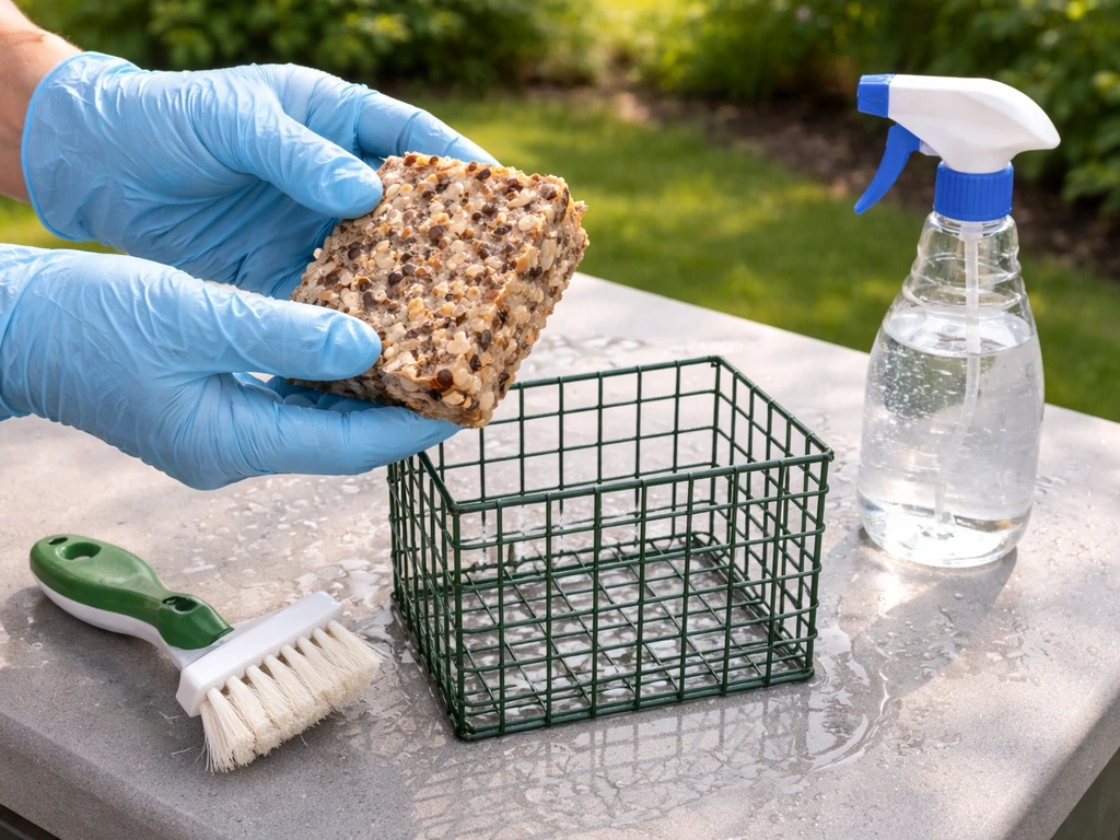 Gloved hands removing an old suet cake and scrubbing/rinsing a suet bird feeder basket outdoors.