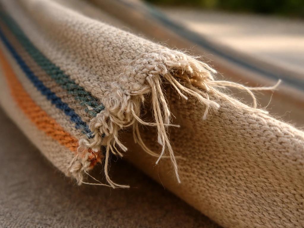 Close-up of fraying hammock fabric with loose threads ready to inspect before use.