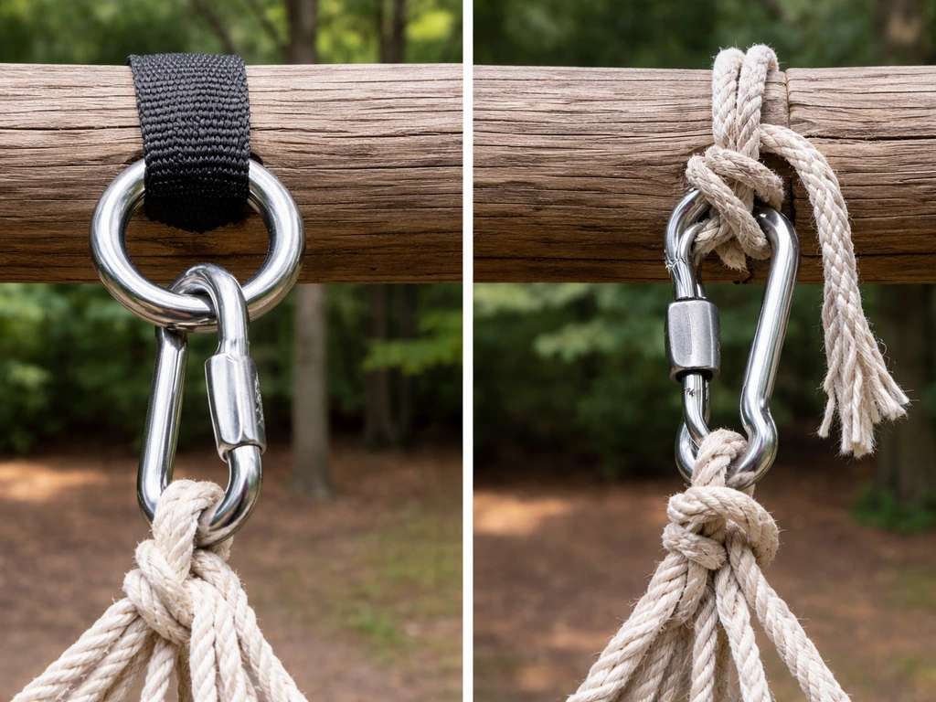 Macro close-up showing secure hammock clip/ring versus a loose, tangled attachment on a beam.