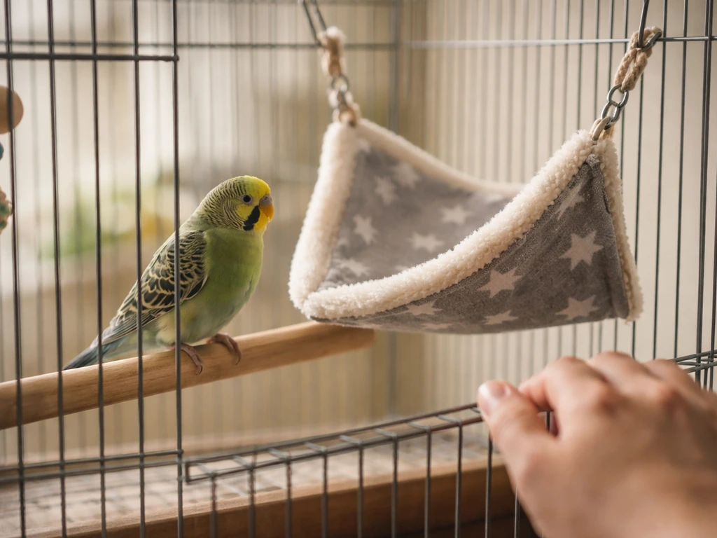 A small pet bird inside a cage near a hammock while an owner watches from outside the bars