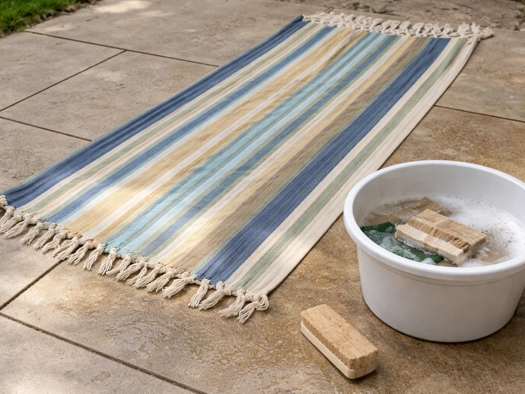 Hammock laid on a patio while hand-washing, with frayed and thinning fabric edges visible.