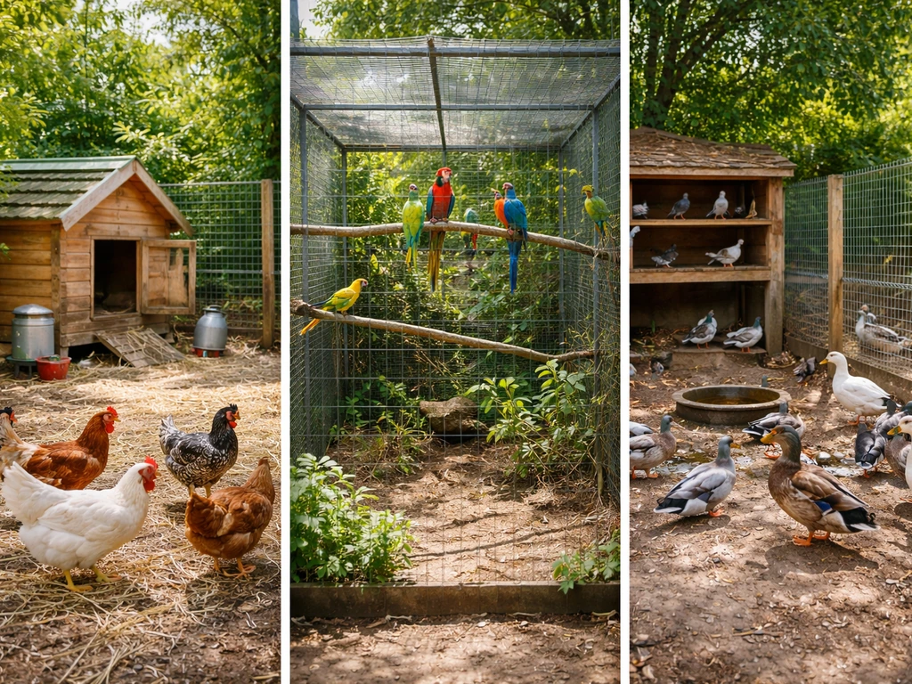 Minimal photo comparison: chickens, parrots, and mixed farm birds in separate enclosures under natural light.