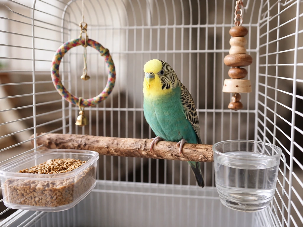 A budgie perched in a clean home bird cage with food, water, and simple toys.