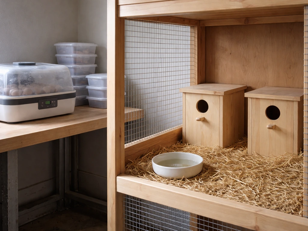Close-up of a tidy bird-breeding setup with nesting boxes and a covered incubator in a quiet room.