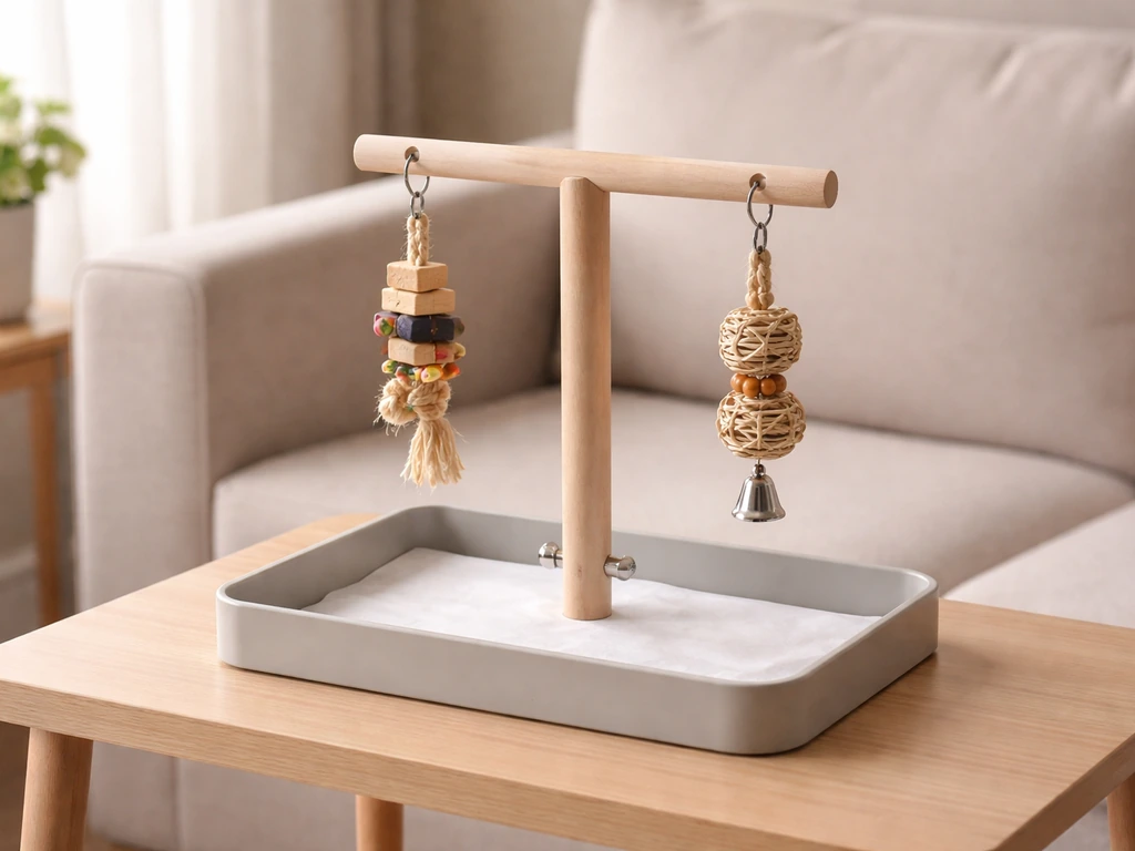 Tabletop bird play stand on a side table, showing central perch and hanging toy points, no bird present.