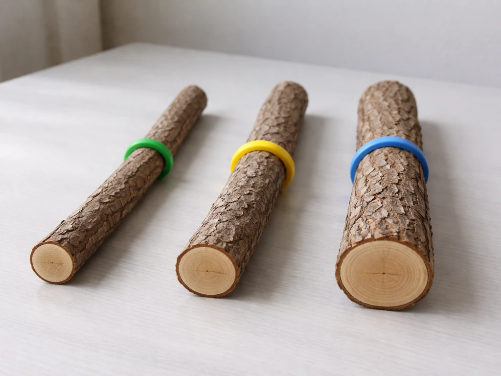 Close-up of three wooden bird perches with simple size rings showing thickness differences