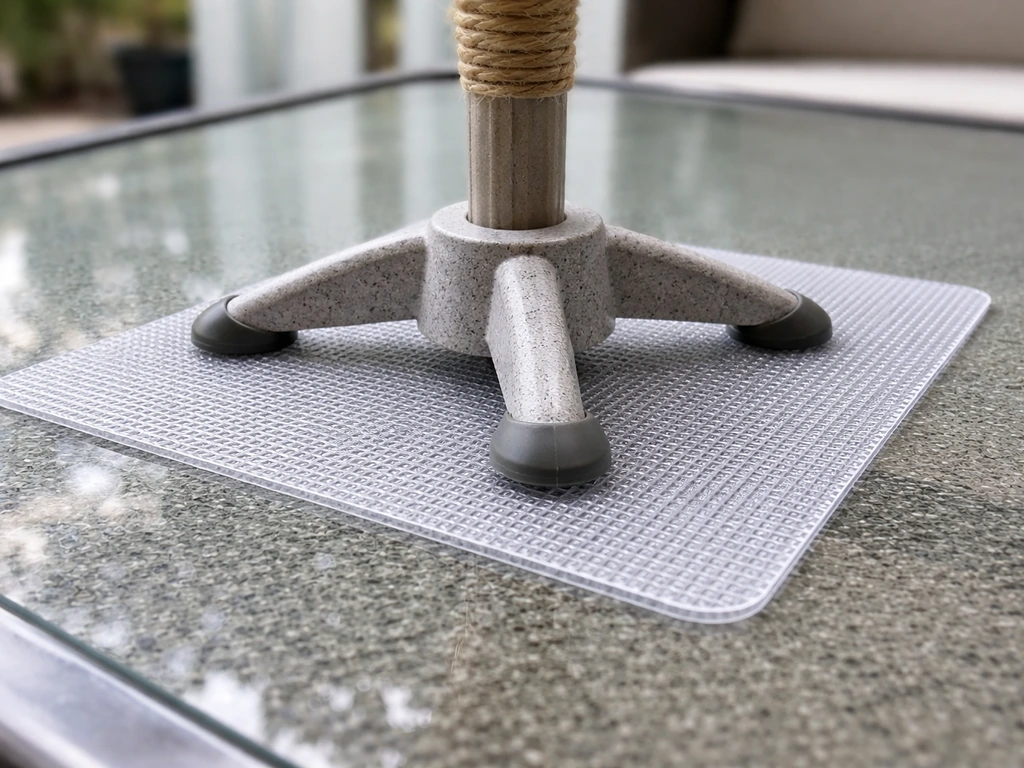 Non-slip mat under a small bird stand on a smooth glass-top table, showing stable base contact