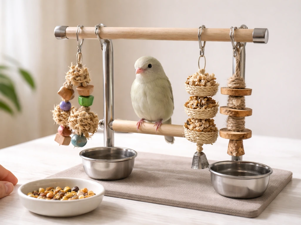 Small bird enrichment setup with a tabletop stand and two foraging toys hanging safely