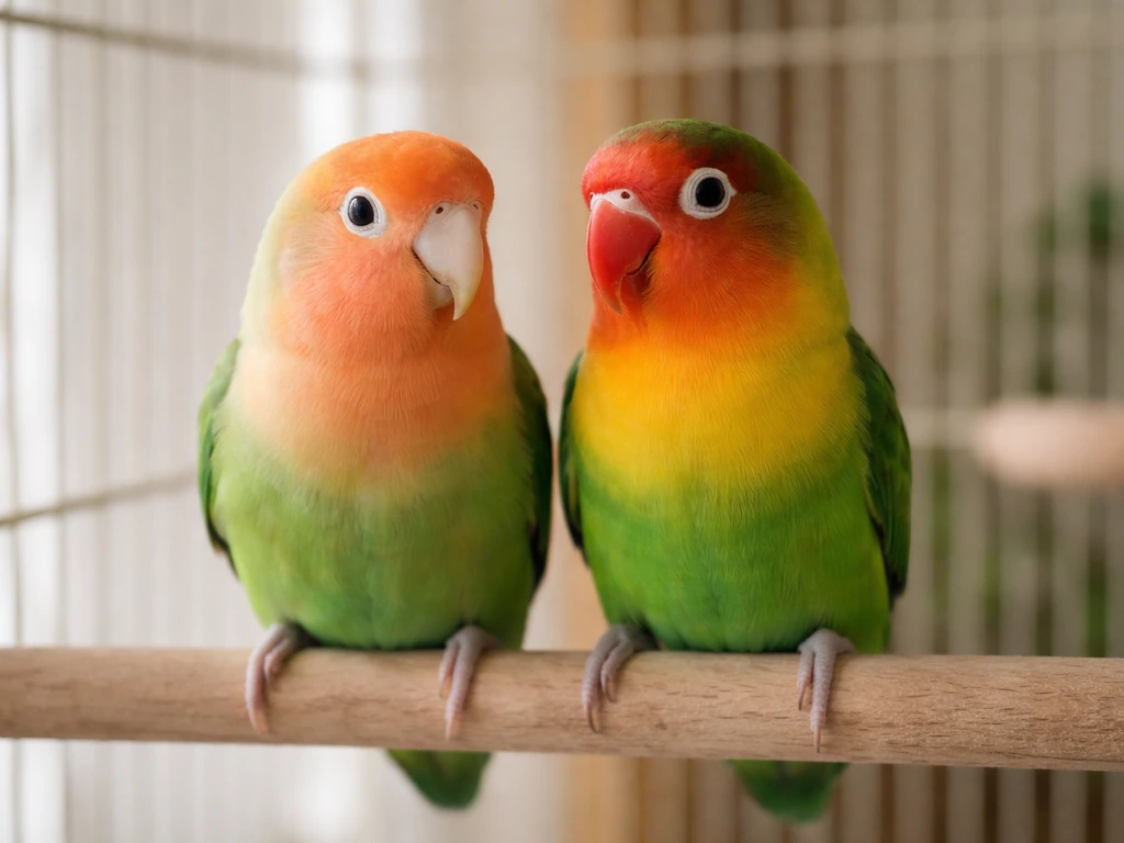 Two lovebirds perched side-by-side on a wooden perch, showing peach-faced and Fischer’s appearances.