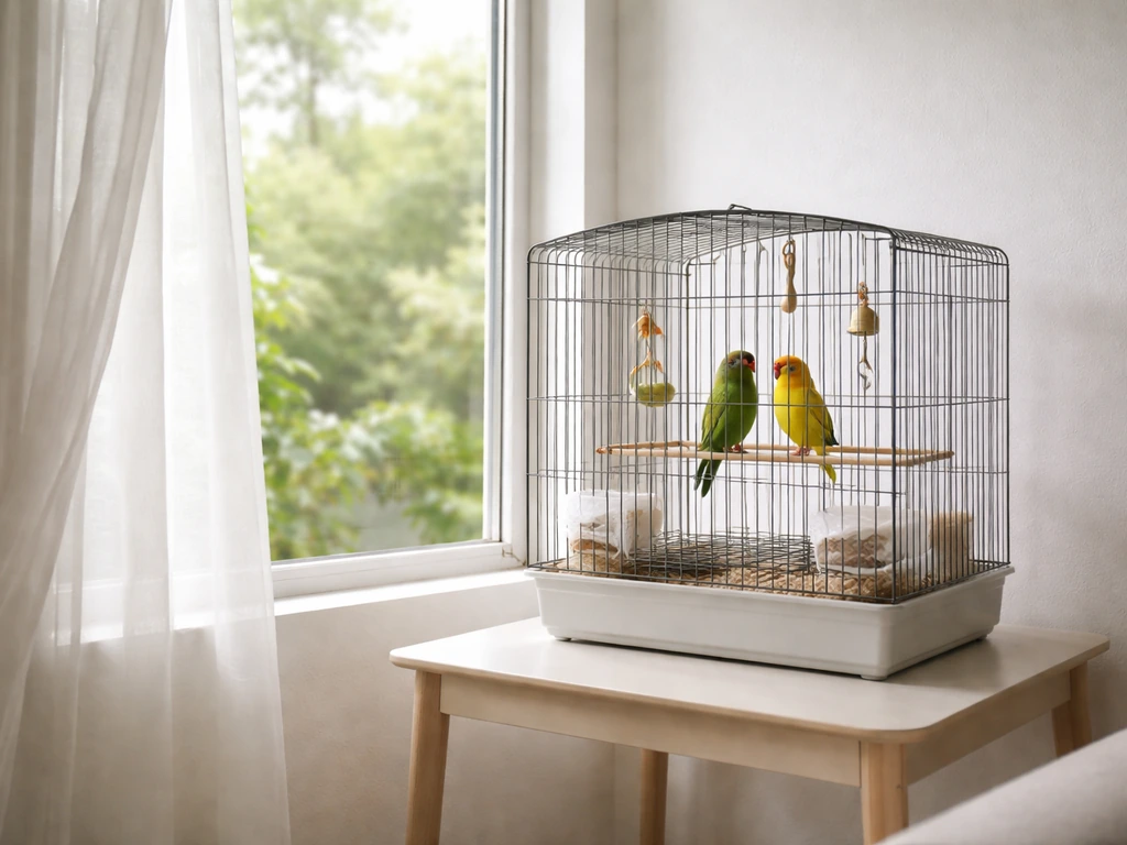 Small pet bird cage on a living-room side table near an open window with clean, airy feel.