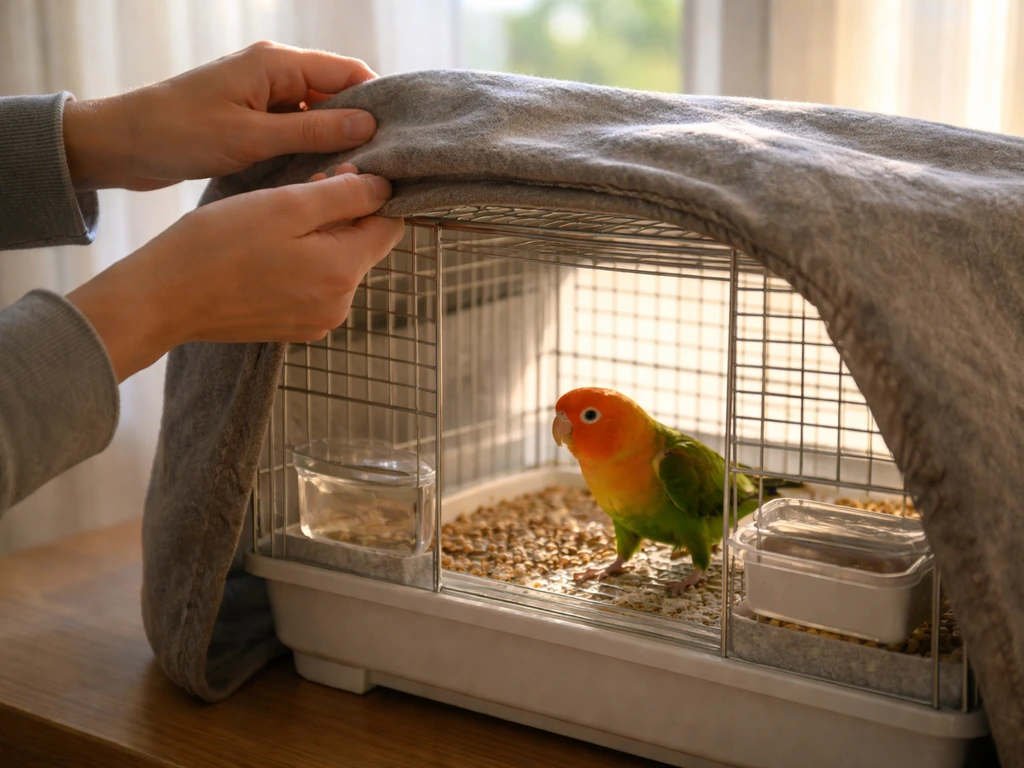 Caregiver’s hands open a small cage in the morning as a lovebird approaches near fresh food and water.