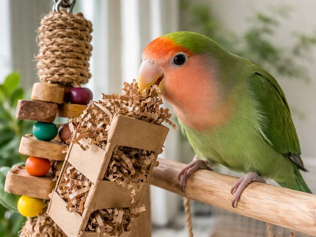 A lovebird perched and chewing a cardboard foraging toy on a simple wooden stand during supervised time.