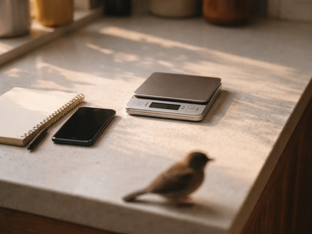 Kitchen counter with a small digital scale beside a notebook and phone, with a small bird nearby.