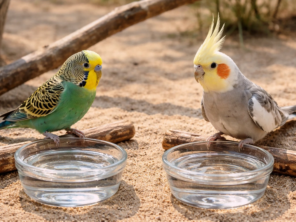 Budgerigar and cockatiel standing by separate water dishes in a minimal outdoor aviary setting.