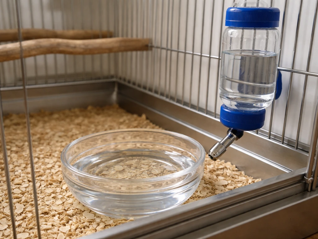Close view of a bird cage setup showing an open water bowl and a ball-valve sipper bottle system.