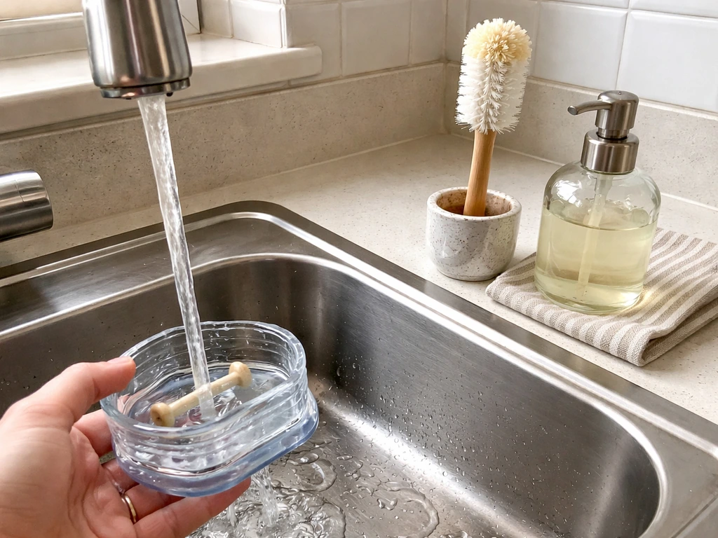 Close-up of a bird water dish rinsed under tap water with a dedicated bottle brush nearby.