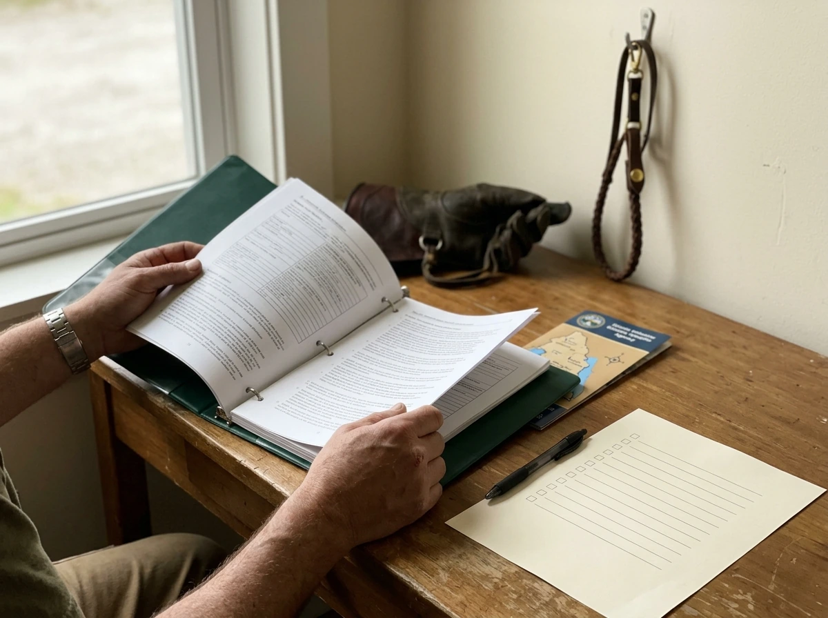 Falconry paperwork and regulations packet laid out with supplies