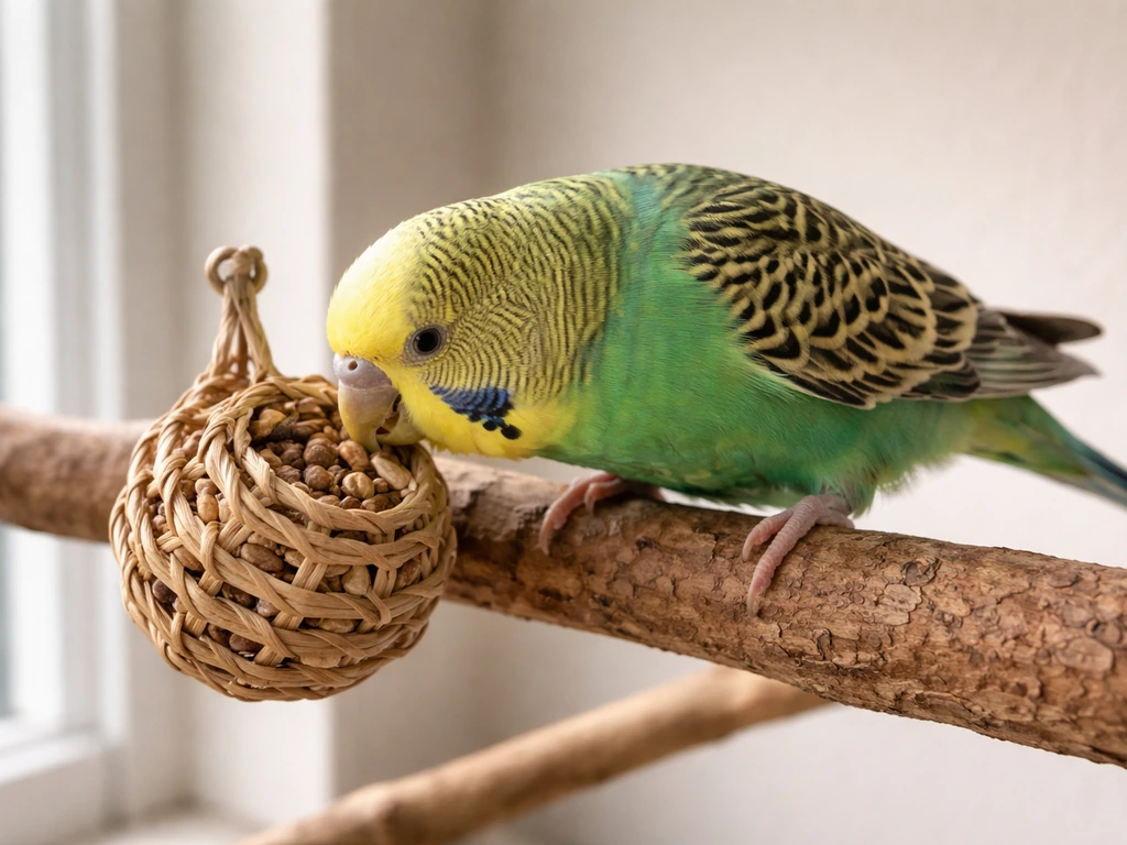 Small budgie nuzzling and investigating food inside a simple foraging toy