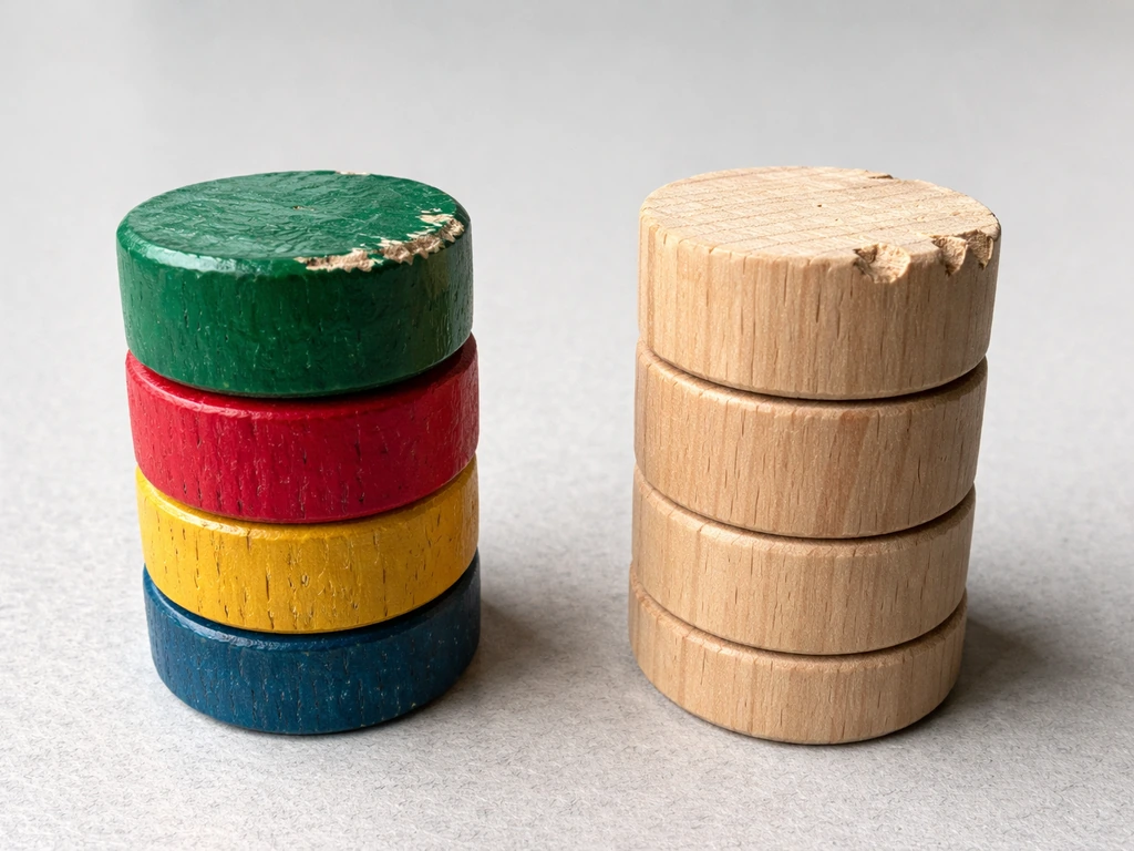 Side-by-side close-up of a painted toy with chew marks versus an untreated wooden chew toy.