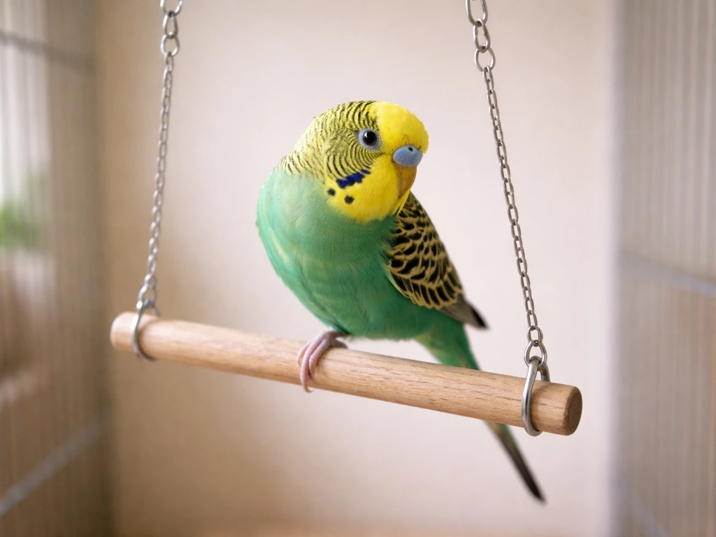A budgie balancing on a natural-wood swing with a dowel perch in a simple pet enclosure.