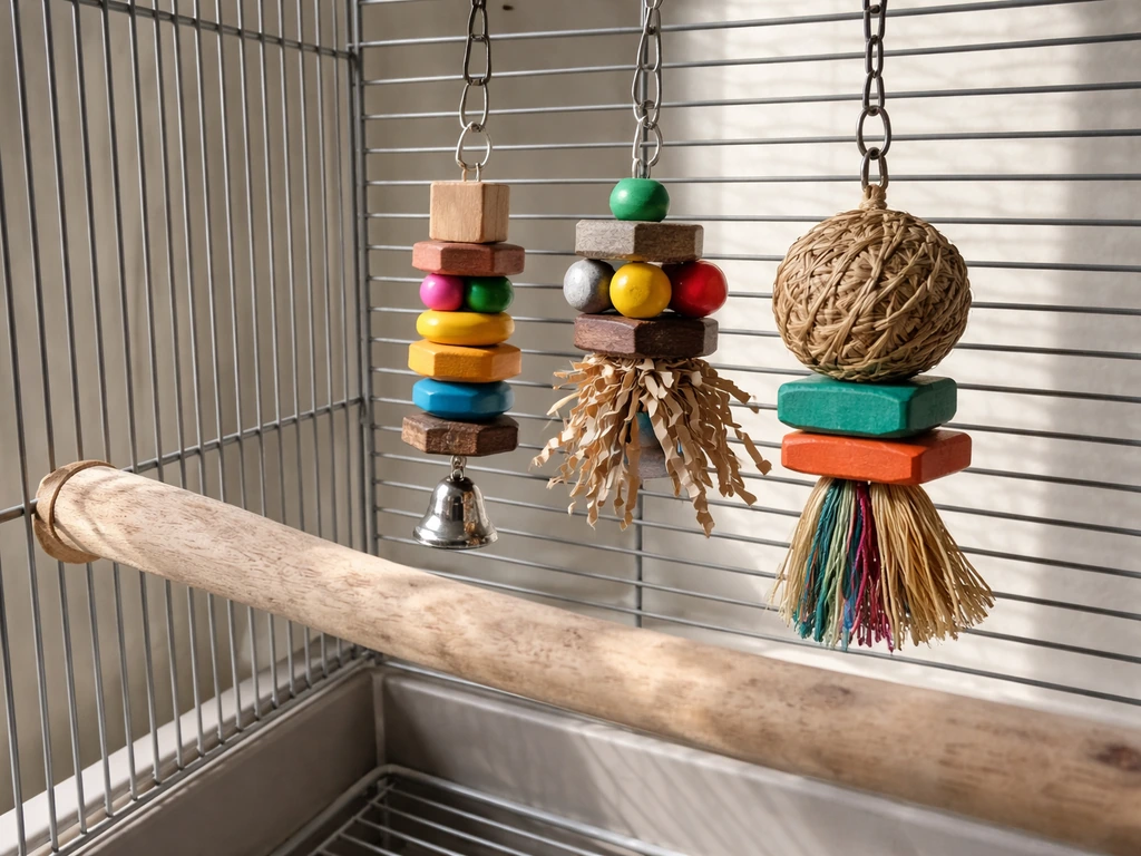 Budgie cage with one toy in use and two toy options staged near the perch for rotation.