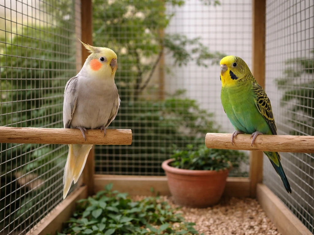 Cockatiel and budgerigar perched inside a simple outdoor aviary with natural greenery and soft daylight.