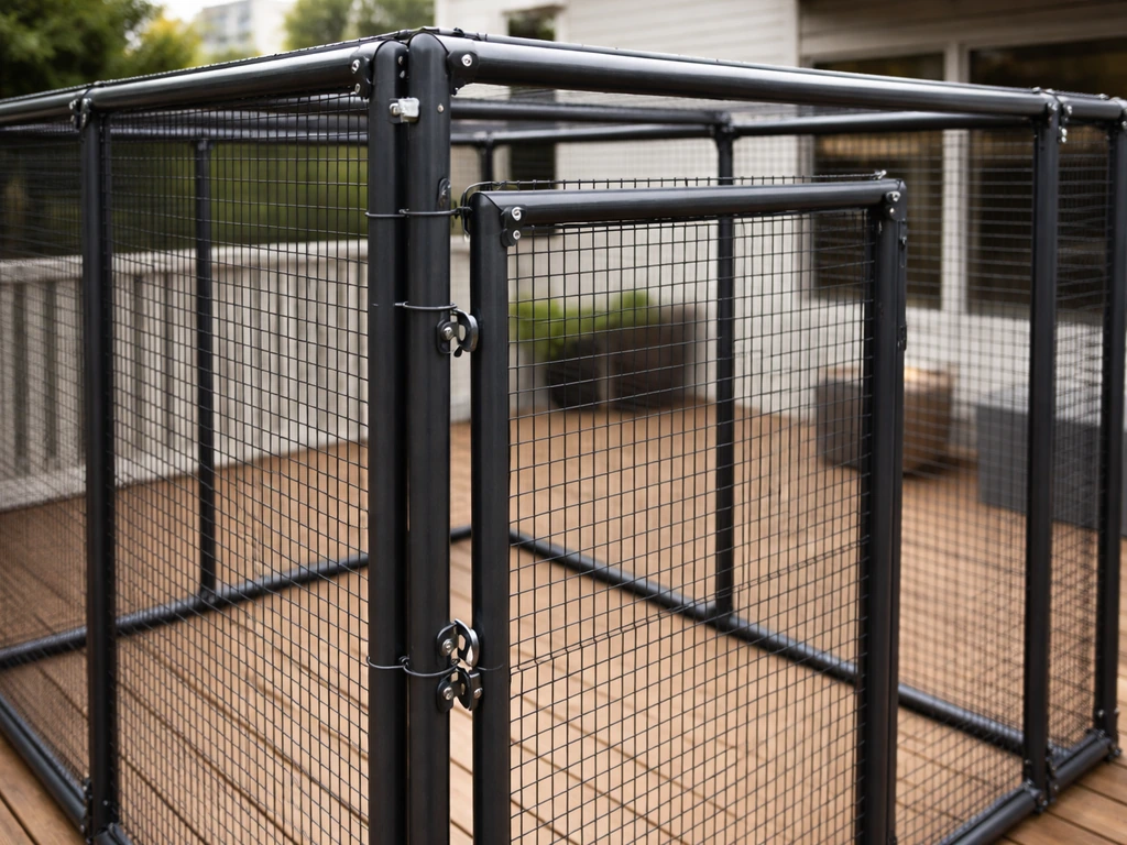 Closeup of a modular outdoor aviary enclosure on a deck, showing secure wire walls and roof frame.