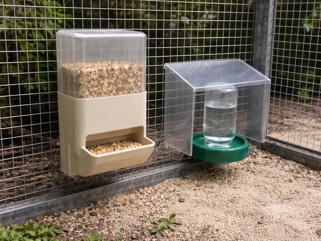 Enclosed hopper-style bird feeder and covered water dish inside a clean outdoor aviary