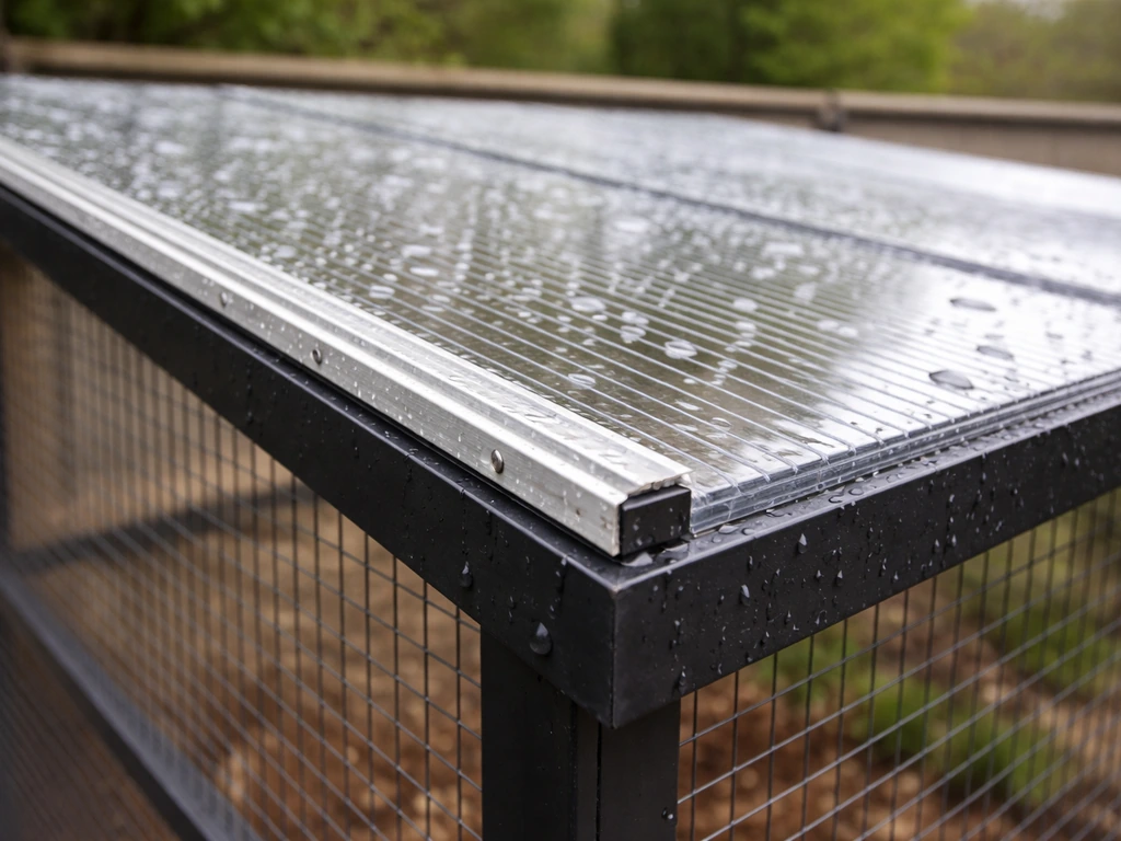 Close-up of tilted polycarbonate aviary roofing with water-shedding angle and sealed edges